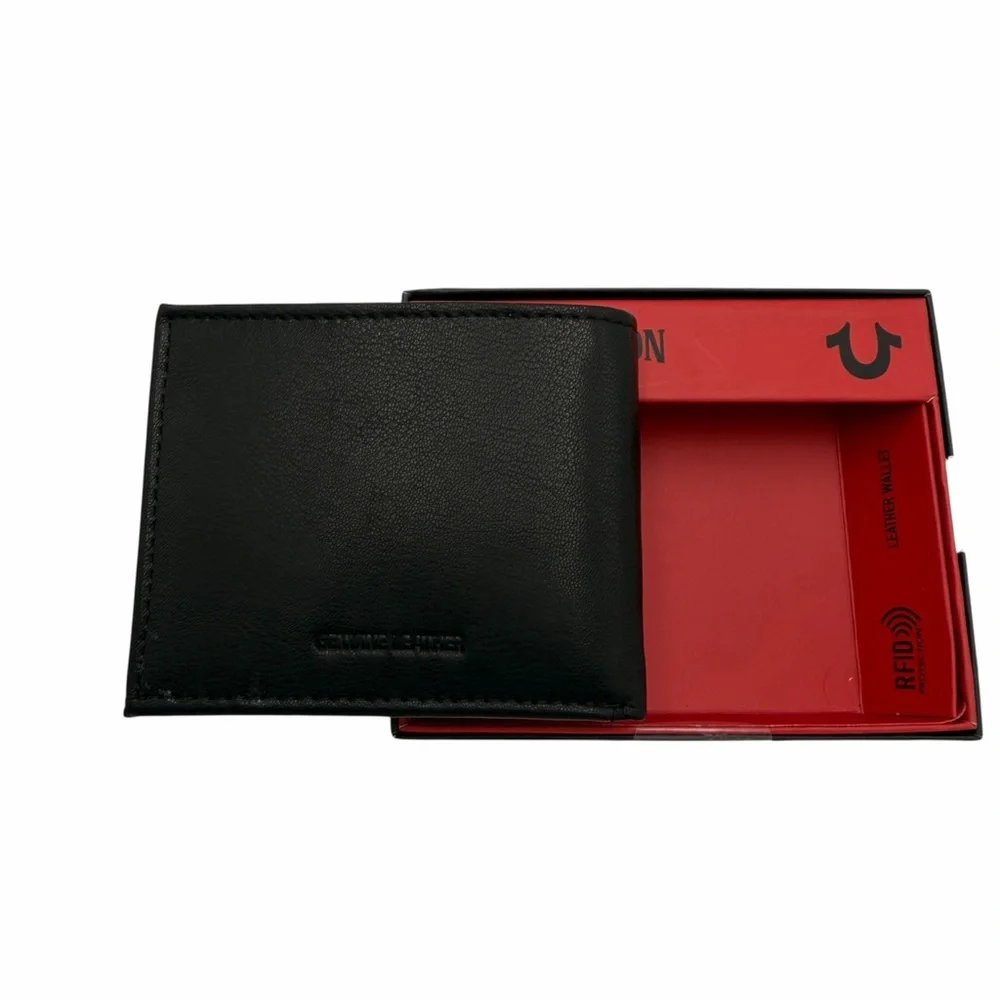 True Religion Black Leather Bifold Wallet Flip Slot New RFID